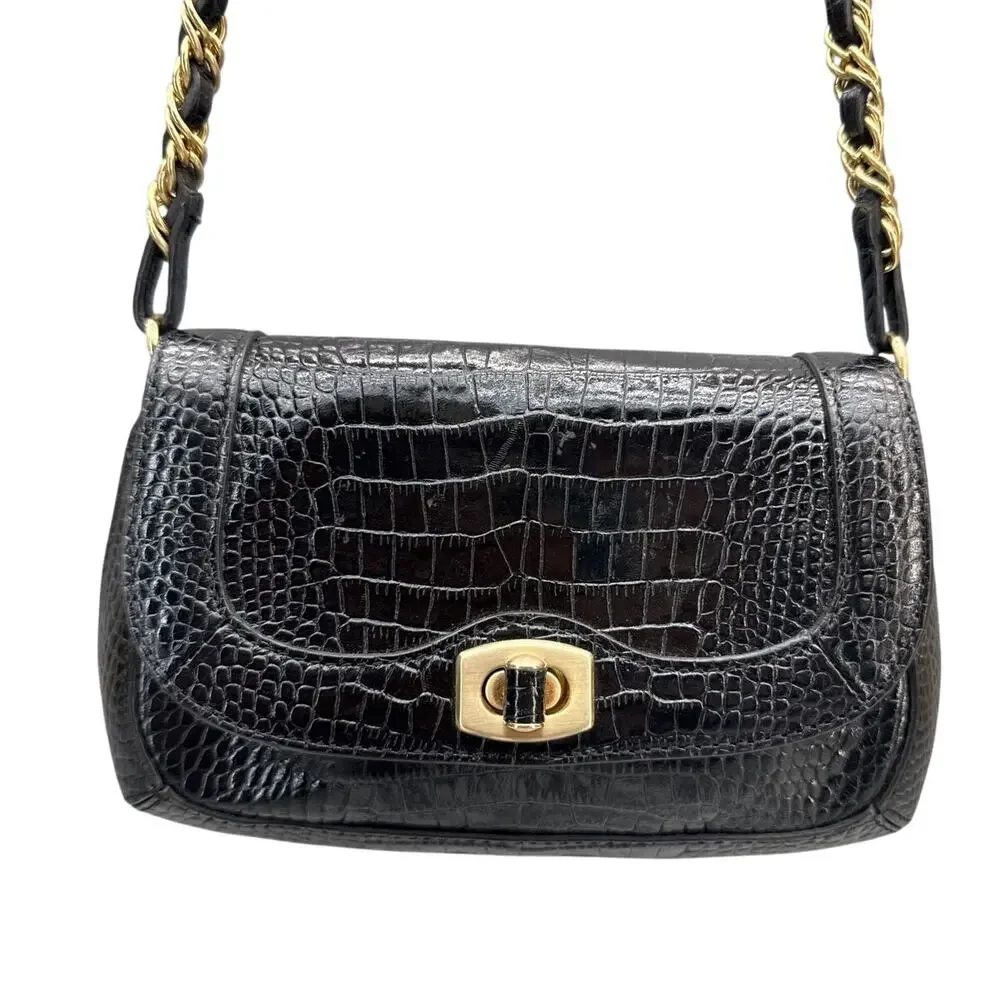 Ann Taylor Black Leather Croc-Embossed Gold Chain Small Shoulder Bag